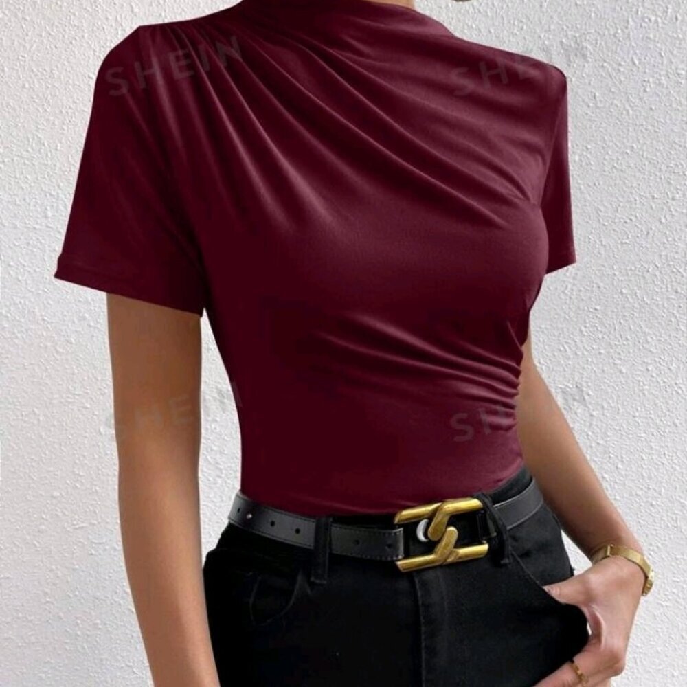 SHEIN Prive` Ruched Mock Neck Tee - Picture 2 of 7